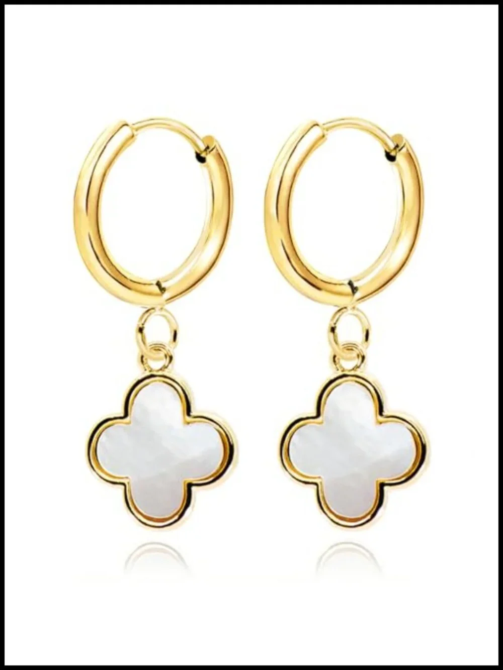 14K Gold Plated Four Leaf Clover Dangle Earrings, Mother of Pearl Drop Huggie